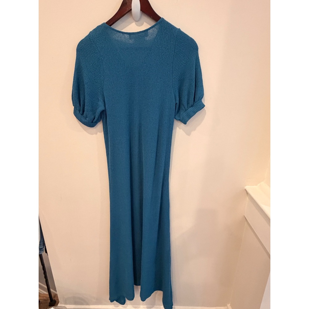 Free People FP Beach Teal Blue Knit V-Neck Puff Sleeve Maxi Dress XS OB1090340 - Picture 2 of 8